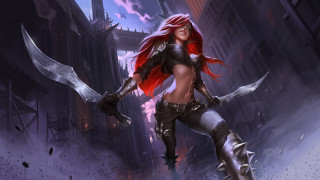 Redhair woman sword city night - a sky background and a building free wallpaper