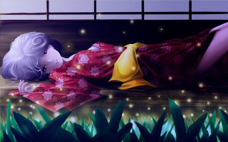Woman kimono bed plant fireflies - a red blanket free wallpaper