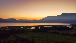 Sunset lake mountains field trees - eduardo lefebvre scovell free wallpaper for desktop