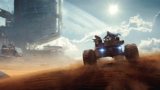 Futuristic vehicle desert city giant - a futuristic city in the background free wallpaper