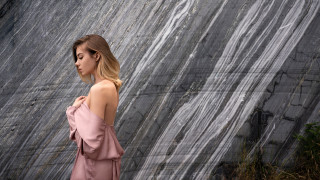 Pink dress woman waterfall outdoors - a waterfall behind her free wallpaper