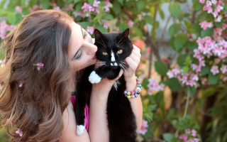 Woman holding cat smiling bokeh - portrait photography free wallpaper