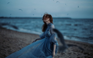 Woman blue dress beach ocean - surreal photography free wallpaper