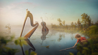 Woman harp lake birds matte - fantasy artwork free wallpaper