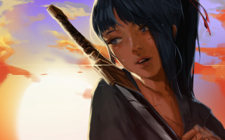 Woman sword sunset japanese clothes - a sky background behind her free wallpaper