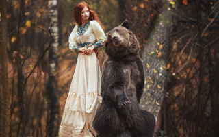 Woman white dress bear forest - pre free wallpaper