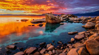 Lake rocks water sunset clouds - cloud above free wallpaper