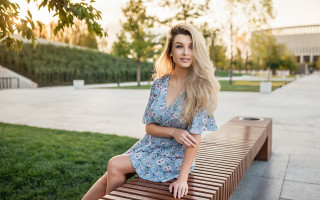 Park bench woman blonde floral - grass and trees free wallpaper