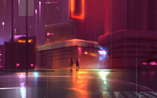 Couple walking street neon tall - cyberpunk city free wallpaper