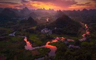 Sunset valley river mountains cityscape - cui bai free wallpaper