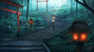 Woman stairs forest lanterns japanese - lantern free wallpaper