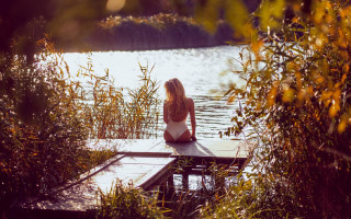 Woman dock lake autumn fireworks - over a lake free wallpaper