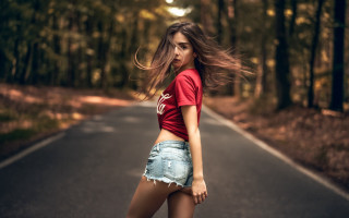 Woman red shirt jean shorts 2 - a road free wallpaper