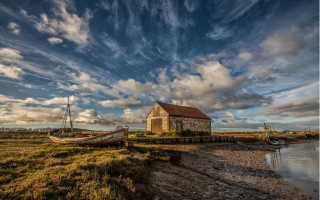 Boat grass field building water - field next free wallpaper