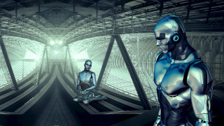 Robots tunnel man cyberpunk glowing - a tunnel free wallpaper