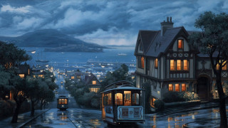 Trolley car rainy night city 7 - rainy free wallpaper