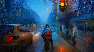 Man motorcycle rainy street trafficlight - a rainy day free wallpaper