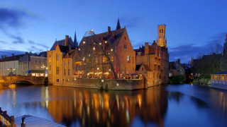 River bridge building night lights 2 - a clock tower in the distance free wallpaper