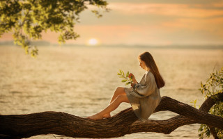 Woman sitting tree branch ocean - daphne mcclure free wallpaper