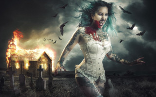 Green hair tattoos fire bats - bat free wallpaper for desktop