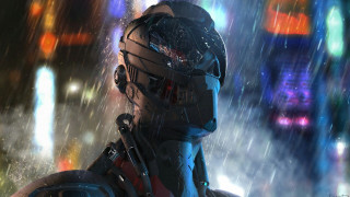 Futuristic man city night helmet - a futuristic city in the background free wallpaper