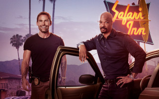 Neon palm trees two men - a neon free wallpaper