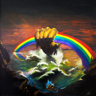 Hand holding rainbow water dark - metaphysical painting free wallpaper for tablet