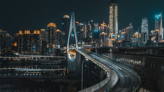 Cyberpunk city skyline bridge train - cyberpunk city free wallpaper