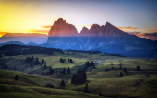 Mountain range sunset trees lake - a few mountain free wallpaper