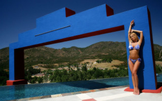 Woman bikini pool mountains blue - a pool free wallpaper