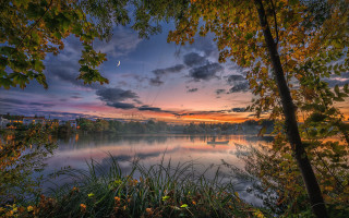 Lake sunset moon trees autumn - a sunset in the background and trees free wallpaper