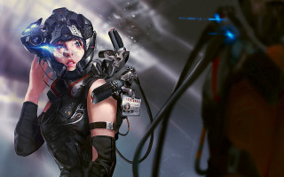 Futuristic woman camera controller cyberpunk - her hand and a camera free wallpaper