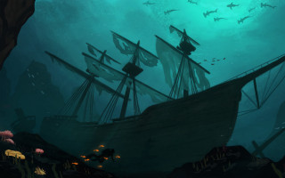 Pirate ship deep sea sharks - andreas rocha free wallpaper