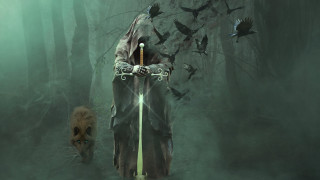 Hooded man sword forest dog - suit holding free wallpaper