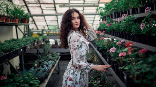 Greenhouse woman serious portrait flowers - her ear free wallpaper for desktop