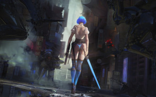 Blue hair woman sword robot - a futuristic setting free wallpaper