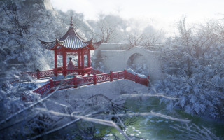 Red pagoda snowy landscape bridge - chen chun free wallpaper