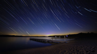 Night sky lake dock stars - astrophotography free wallpaper