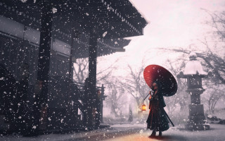 Woman kimono umbrella snow shrine - chen chun free wallpaper