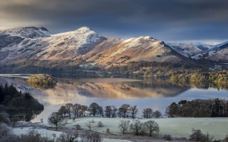 Mountain lake forest snowy sky 5 - snow free wallpaper for desktop