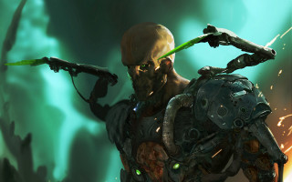 Man green light gun cyberpunk - biopunk free wallpaper