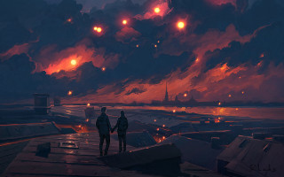 Dusk dock two people city - alena aenami free wallpaper