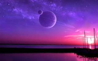 Purple sky planet ships sunset - two ship free wallpaper