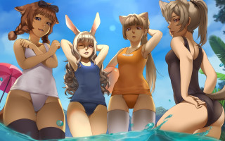 Beach girls swimsuits umbrella animal - a beach next free wallpaper