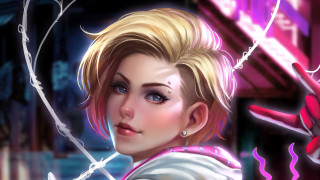 Creepy blonde woman knife holding - blue eyes holding free wallpaper