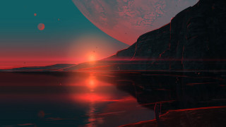 Sunset mountain water planet matte - distant free wallpaper