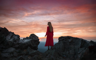 Woman red dress mountain sunset 2 - ada hill walker free wallpaper