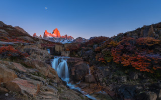 Waterfall mountain sunset moon trees - a moon in the sky above free wallpaper