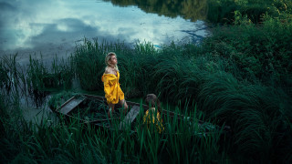 Woman yellow dress boat water - a yellow dress free wallpaper for desktop