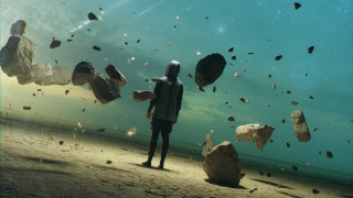 Man beach rockfall starry sky - a large rock formation free wallpaper